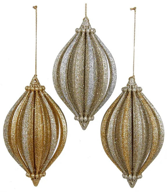Finial-shaped ornaments featuring a vertical texture finished in glitter in varying, corresponding shades of gold.