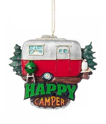 One ornament features an airstream and reads "Happy Camper." One ornament features a trailer and reads "Home Sweet Home."