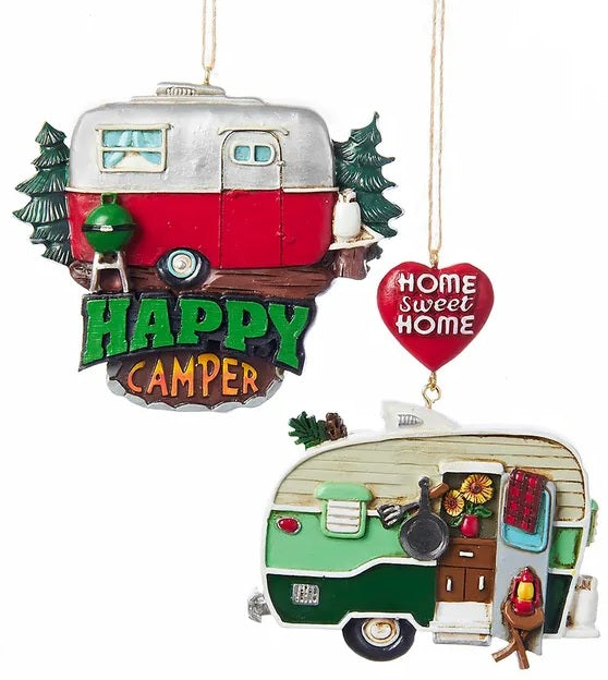 One ornament features an airstream and reads "Happy Camper." One ornament features a trailer and reads "Home Sweet Home."