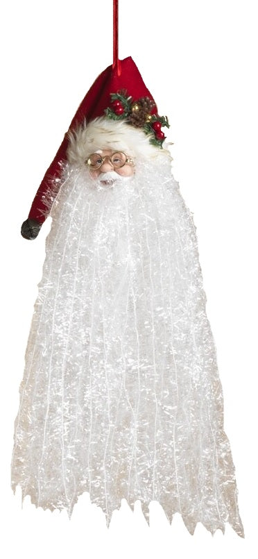 Santa with long white beard ornament. Available in 3 different styles. One Santa is wearing a red stocking cap featuring pine needles, faux berries and a pine cone. One Santa is wearing a red and black buffalo plaid stocking cap. One Santa is wearing a white and gold stocking cap.