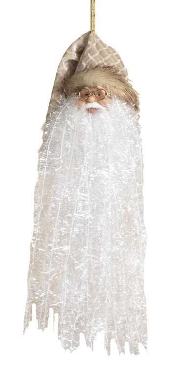 Santa with long white beard ornament. Available in 3 different styles. One Santa is wearing a red stocking cap featuring pine needles, faux berries and a pine cone. One Santa is wearing a red and black buffalo plaid stocking cap. One Santa is wearing a white and gold stocking cap.