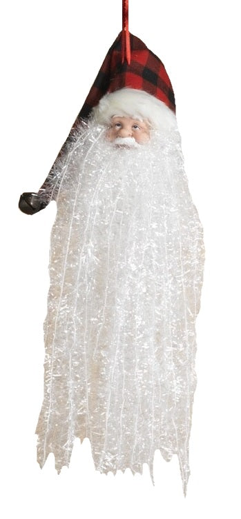 Santa with long white beard ornament. Available in 3 different styles. One Santa is wearing a red stocking cap featuring pine needles, faux berries and a pine cone. One Santa is wearing a red and black buffalo plaid stocking cap. One Santa is wearing a white and gold stocking cap.