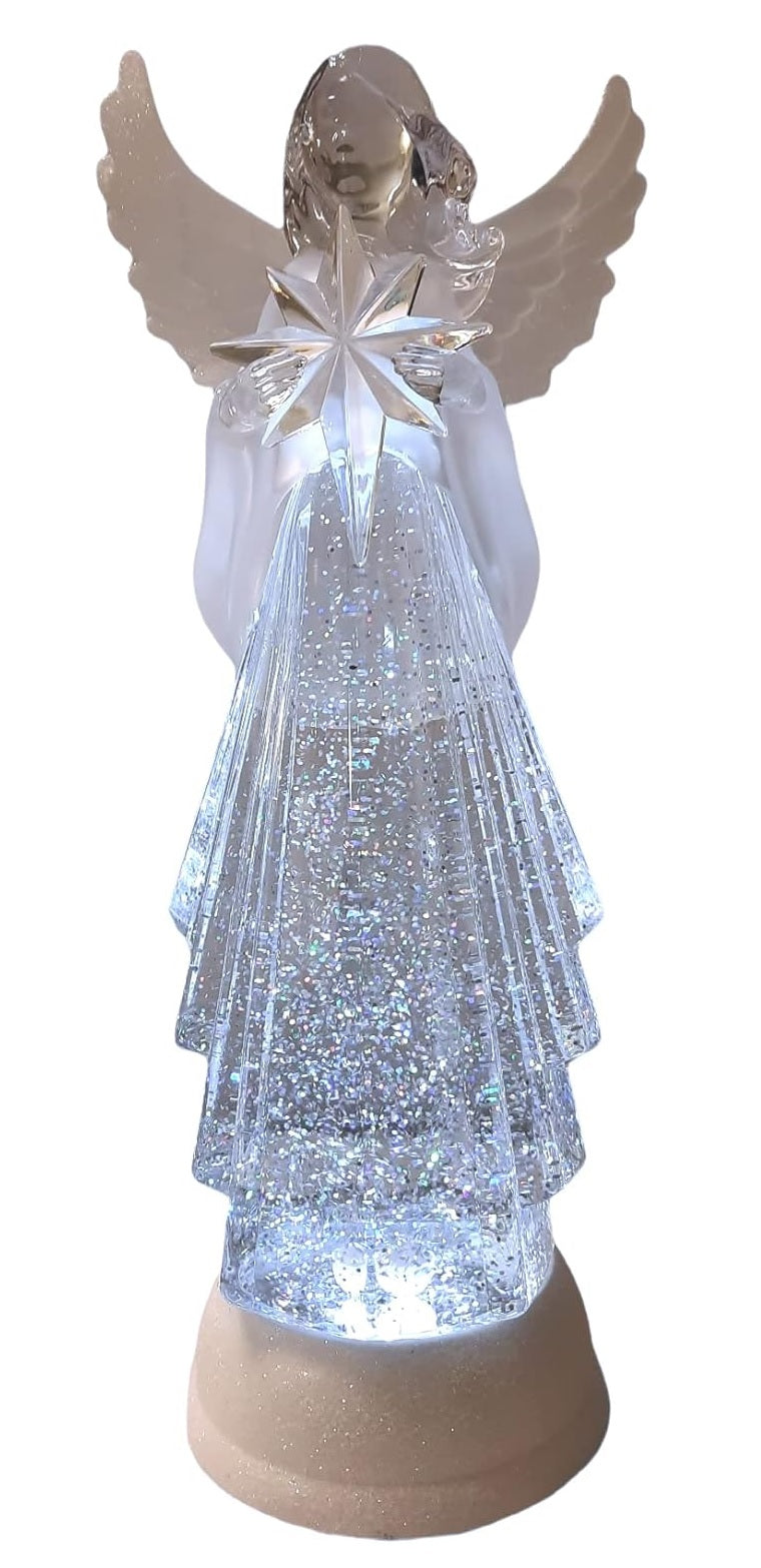 Lighted angel decoration with swirling glitter inside.