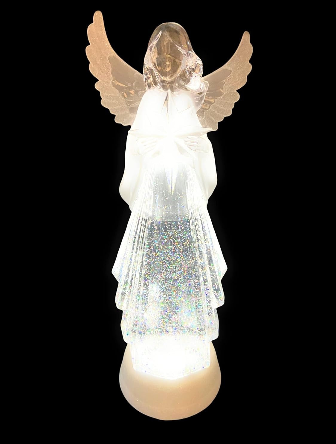 Lighted angel decoration with swirling glitter inside.
