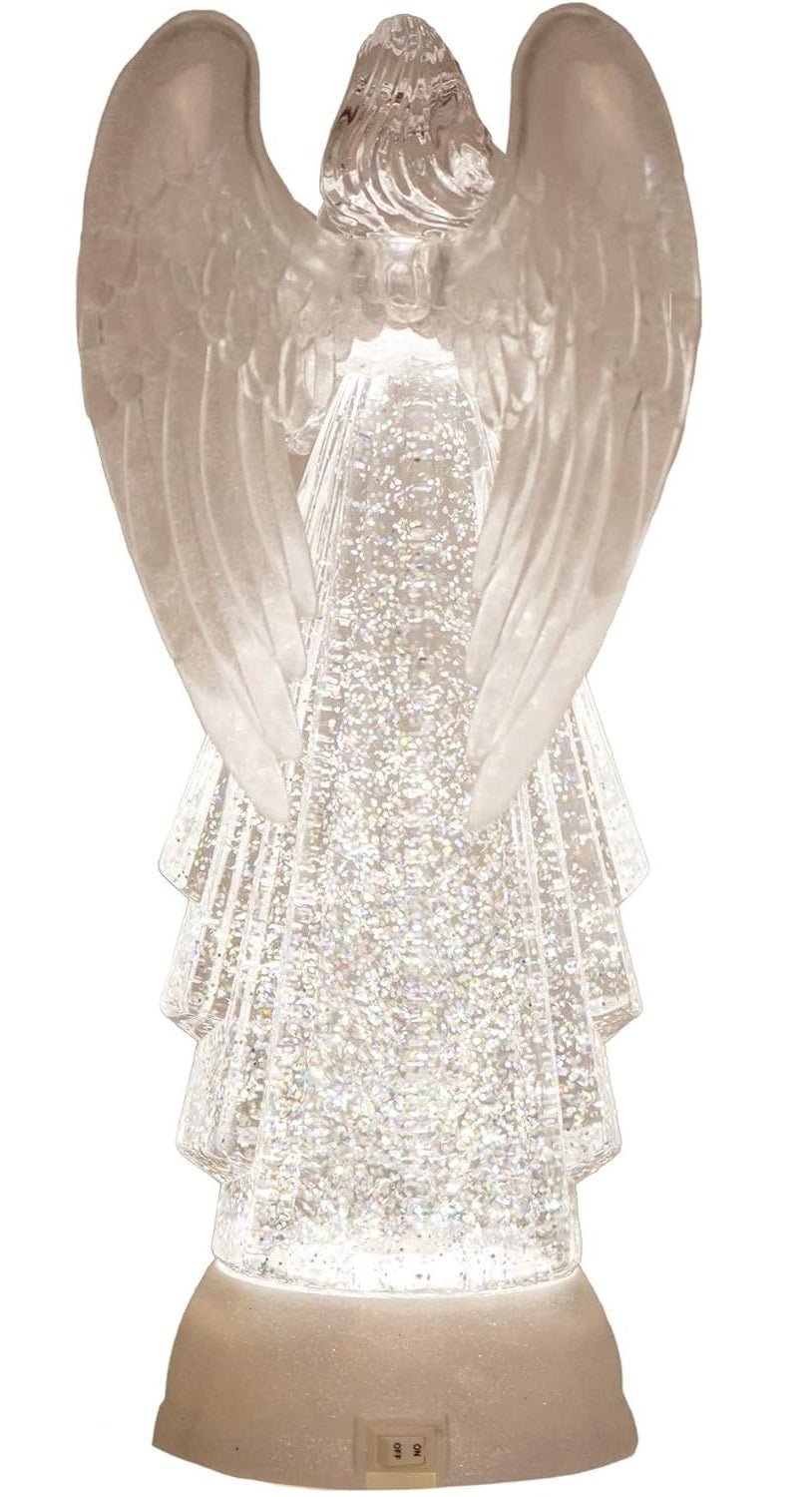 Lighted angel decoration with swirling glitter inside.