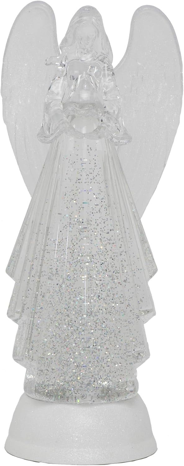 Lighted angel decoration with swirling glitter inside.