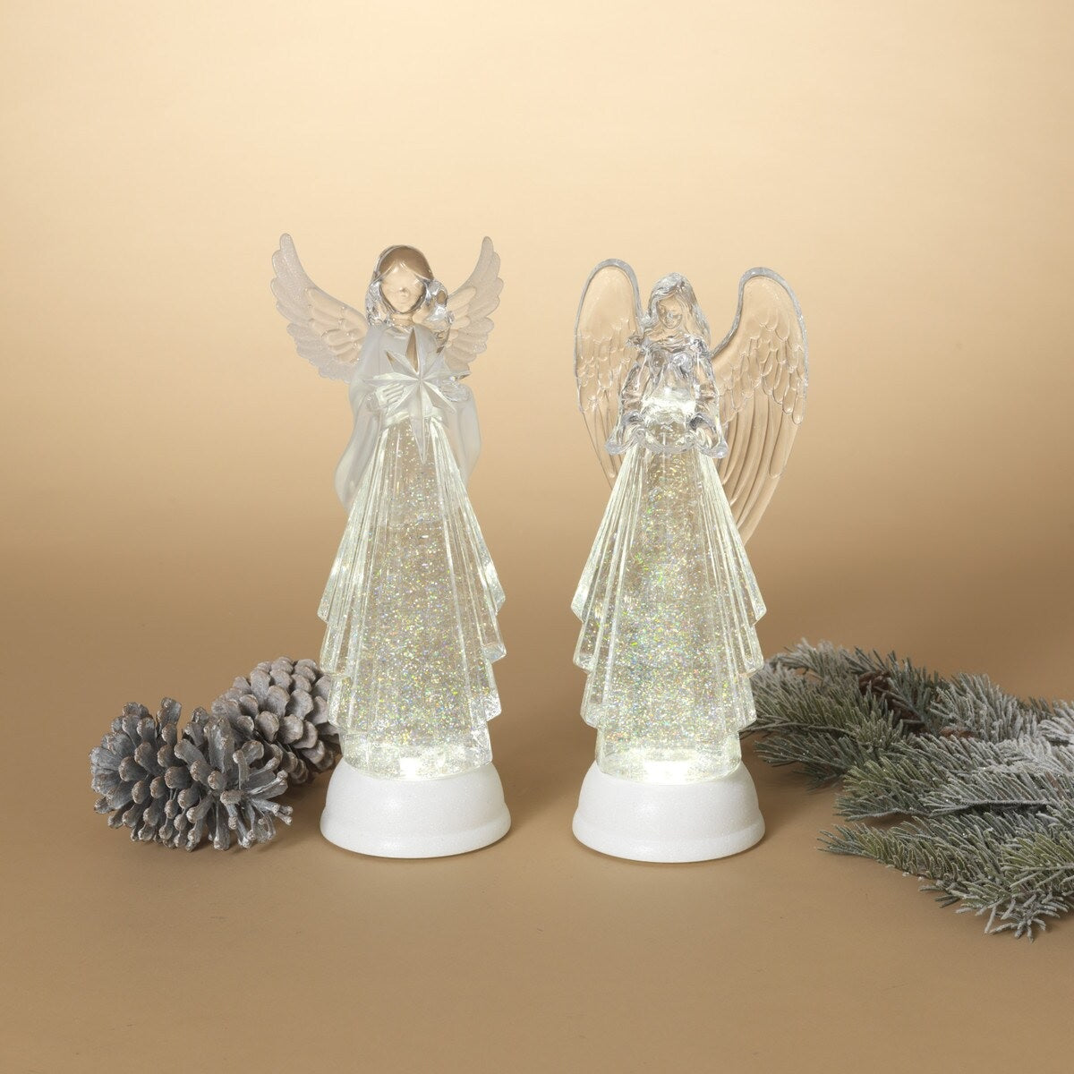 Lighted angel decoration with swirling glitter inside.