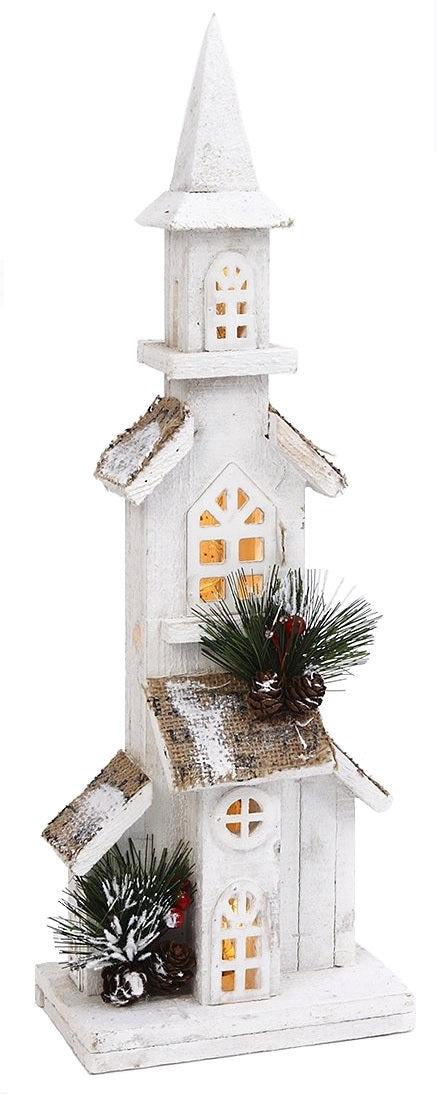 19.6" White Pine & Berry Wood Battery-Operated LED Church Décor with Timer