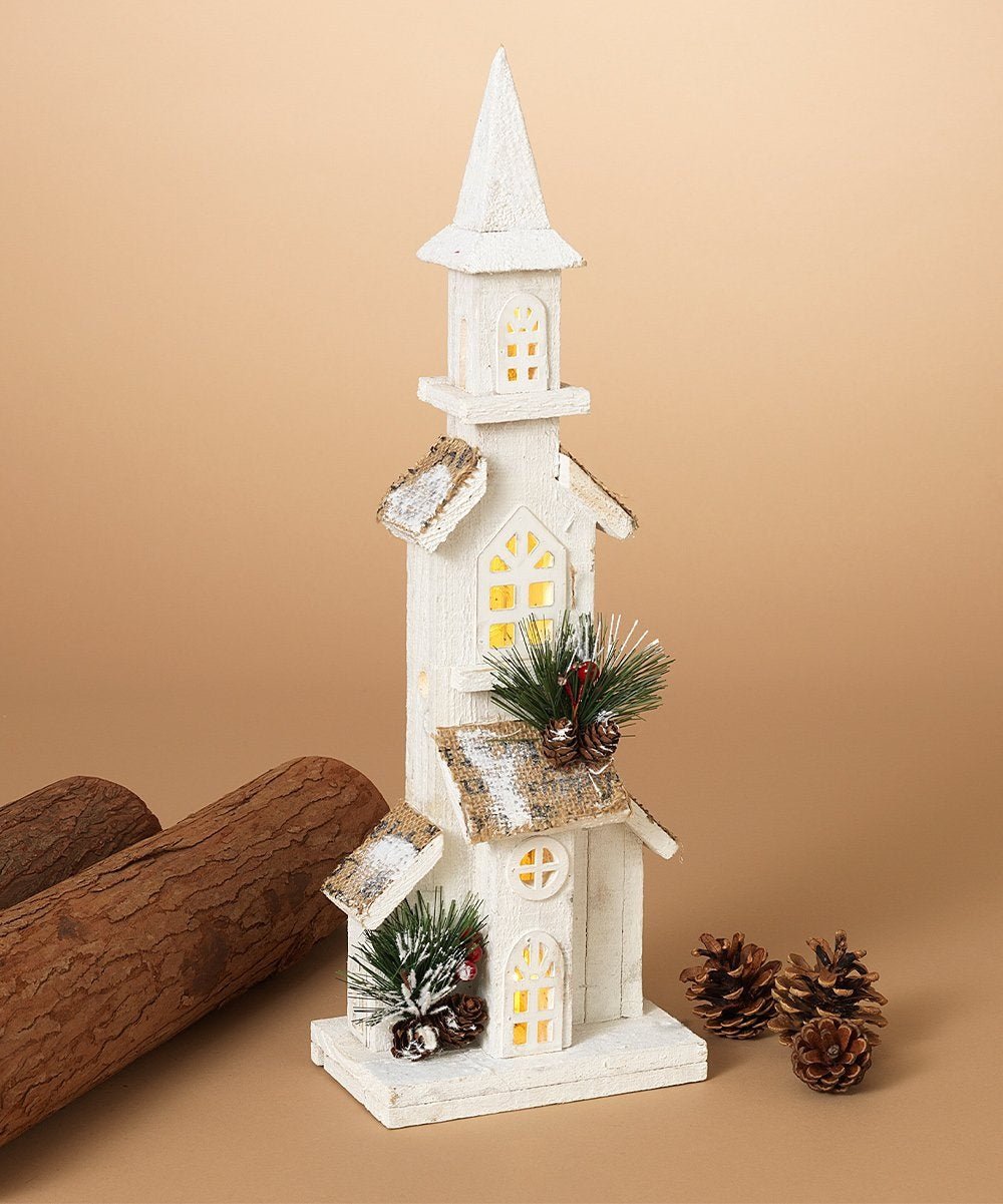 19.6" White Pine & Berry Wood Battery-Operated LED Church Décor with Timer