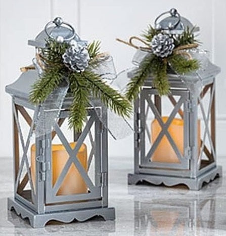 Set of 2 Battery Operated Lighted Christmas Holiday Lanterns with Floral Accents and Timer