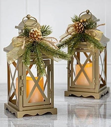 Set of 2 Battery Operated Lighted Christmas Holiday Lanterns with Floral Accents and Timer