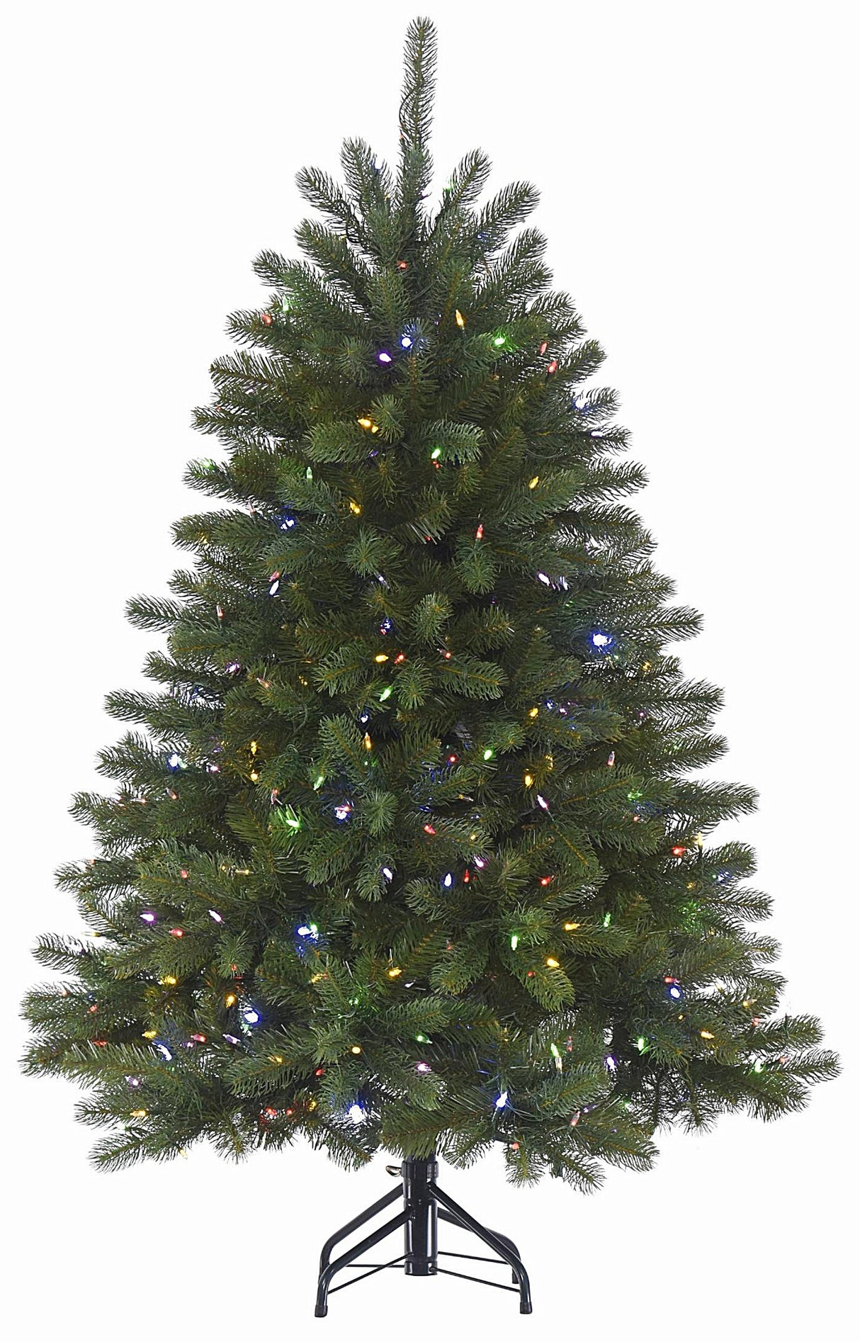 Artificial tree pre-lit with dual lights. Lights change from warm white to multi-colored.