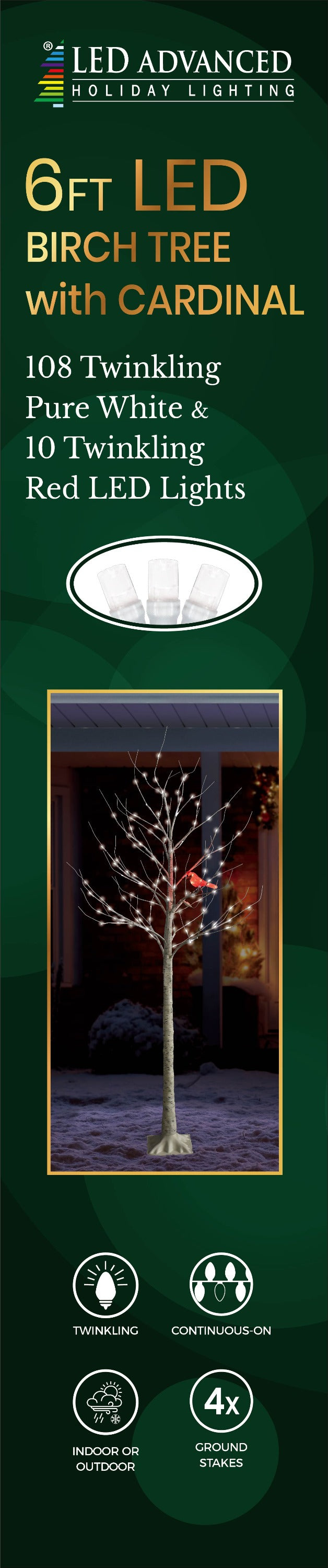 Fake birch tree with pure white LED lights and a red LED cardinal.