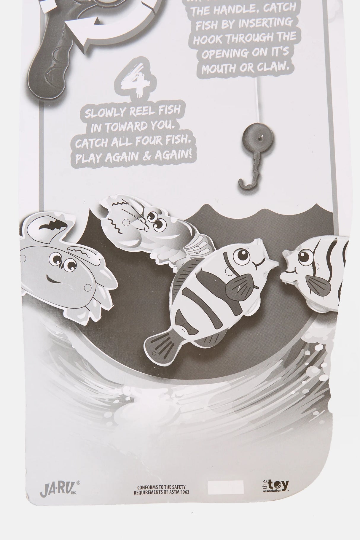 This image shows the back of the packaging for this pool toy. It reads "Catch fish by inserting the hook through the opening on it's mouth or claw. Then, slowly reel the fish in toward you. Catch all four fish. Play again and again!"