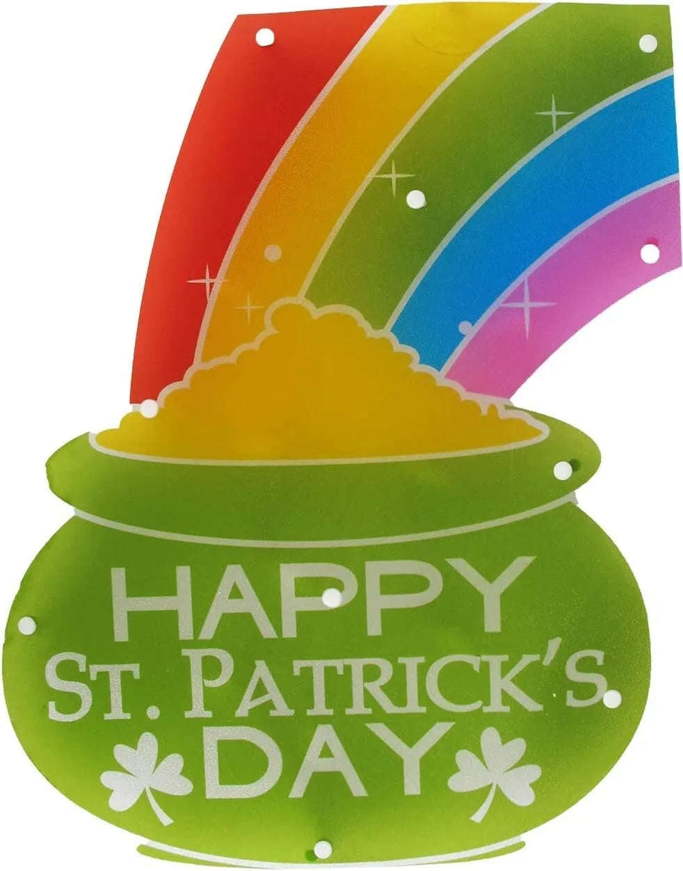 Decoration shaped like a pot of gold with a rainbow coming out of it. On the pot, it reads "Happy St. Patrick's Day!"