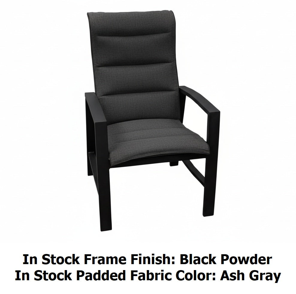 This image shows what the dining chair looks like on a white background. The image also reads "In Stock Frame Finish: Black Powder. In Stock Padded Fabric Color: Ash Gray."