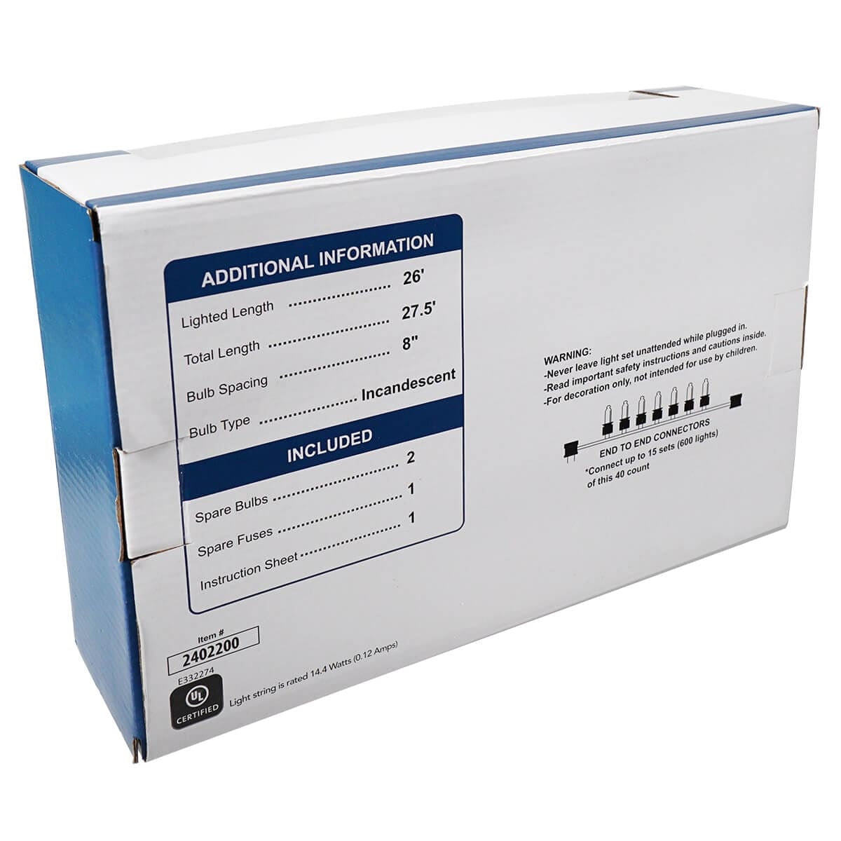 This is the back of the box that these lights come in. It reads the lighted length is 26 ft. The total length is 27.5 ft. The spacing between each bulbs is 8 inches. The bulb type is incandescent. 2 spare bulbs, 1 spare fuse and 1 instruction sheet are included.