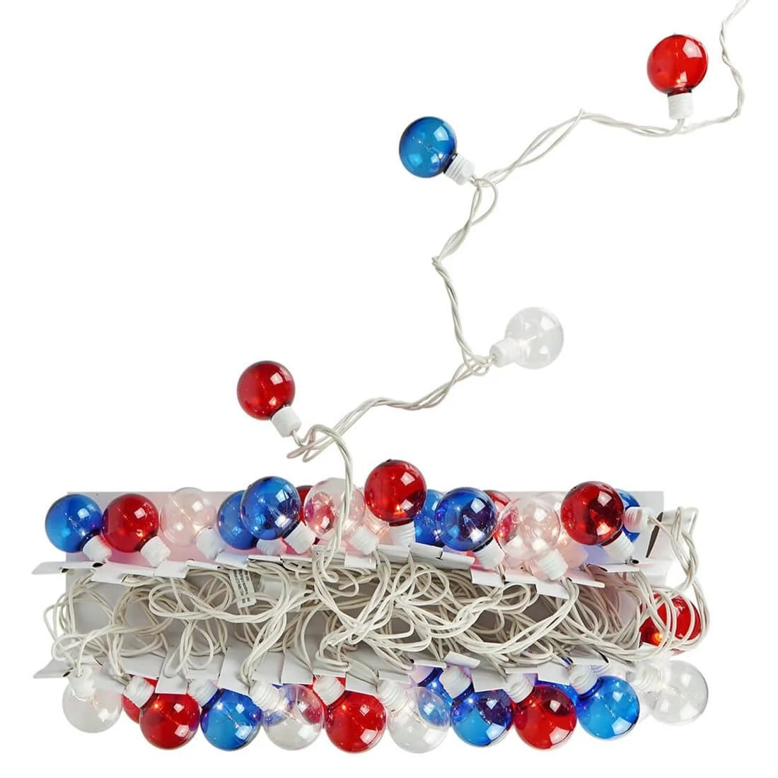 String of red, white and blue globe lights set on a white background.