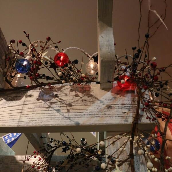 A string of red, white and blue globe lights wrapped around a a decorative plant.