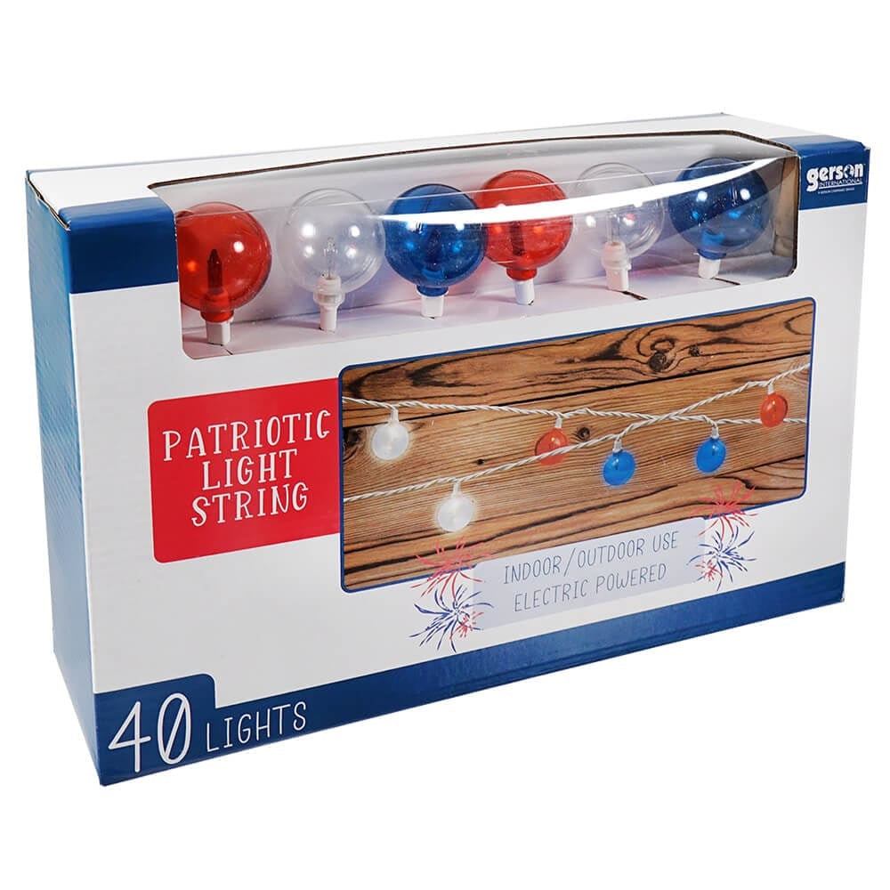 This image shows the packaging that these lights come in. It reads "Patriotic Light String. 40 lights. Indoor/Outdoor use. Electric powered."