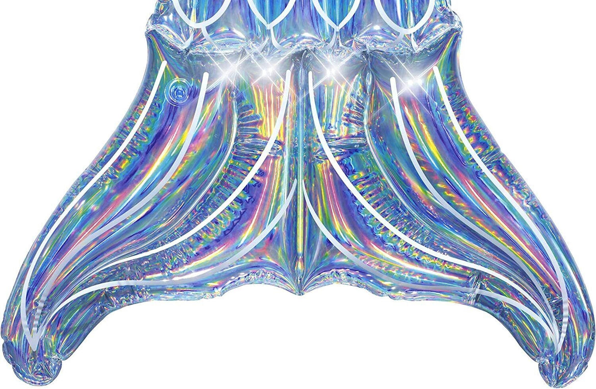 Silver, holographic pool float shaped like a mermaid's tail.