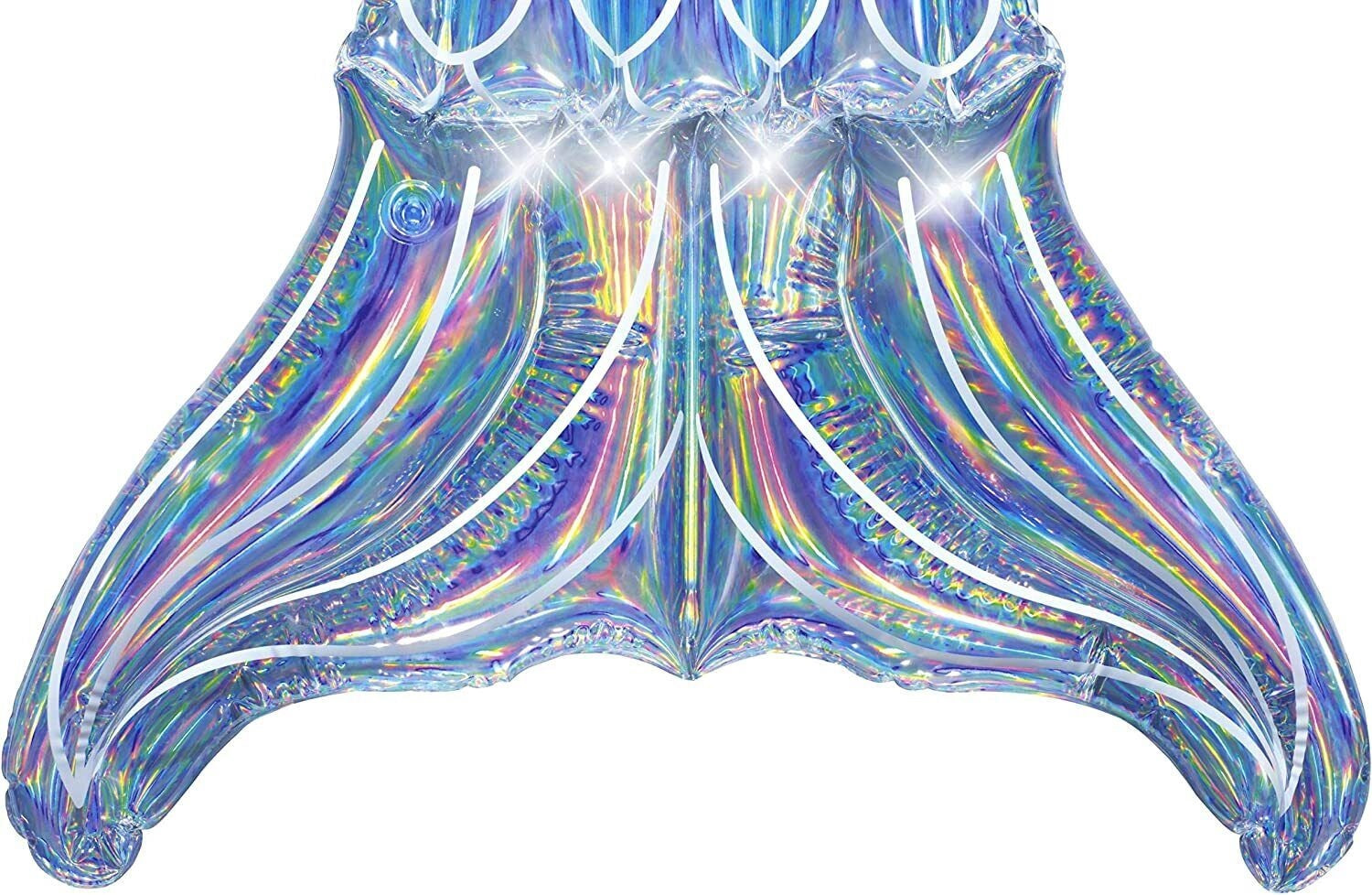 Silver, holographic pool float shaped like a mermaid's tail.