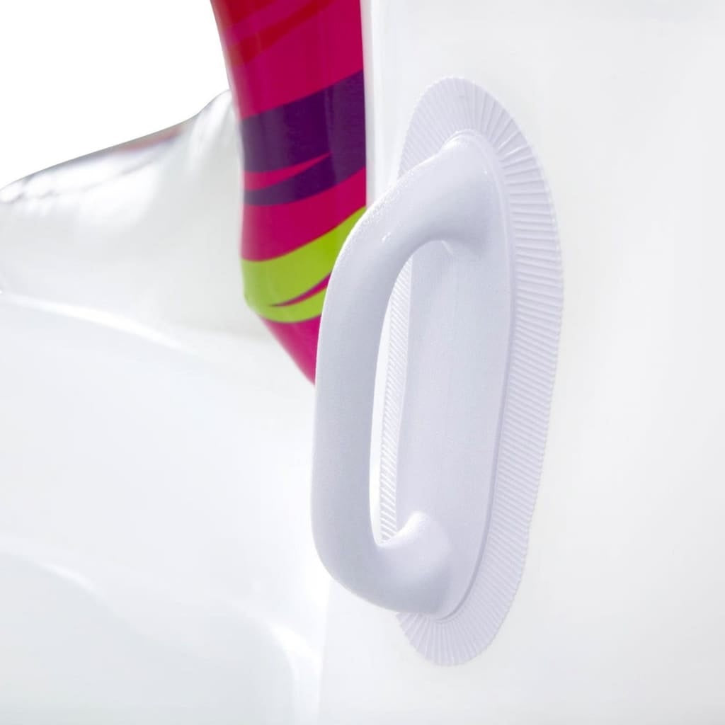 Inflatable pool float shaped like a white and rainbow unicorn.