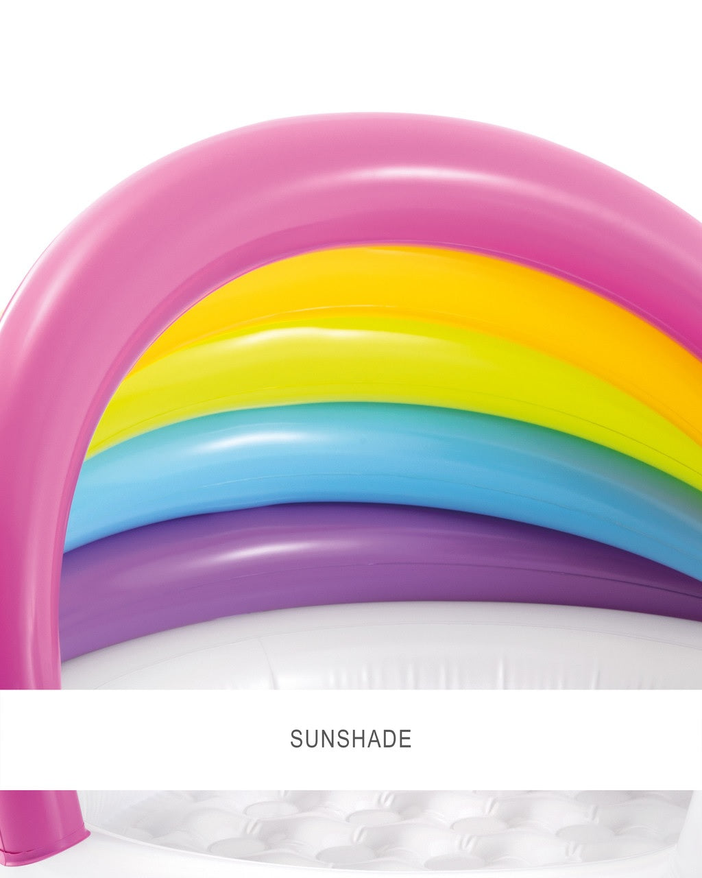 Inflatable pool for kids. The bottom is white and has a unicorn head. There's a slight cover on the pool that is pink, orange, lime green, blue and purple.