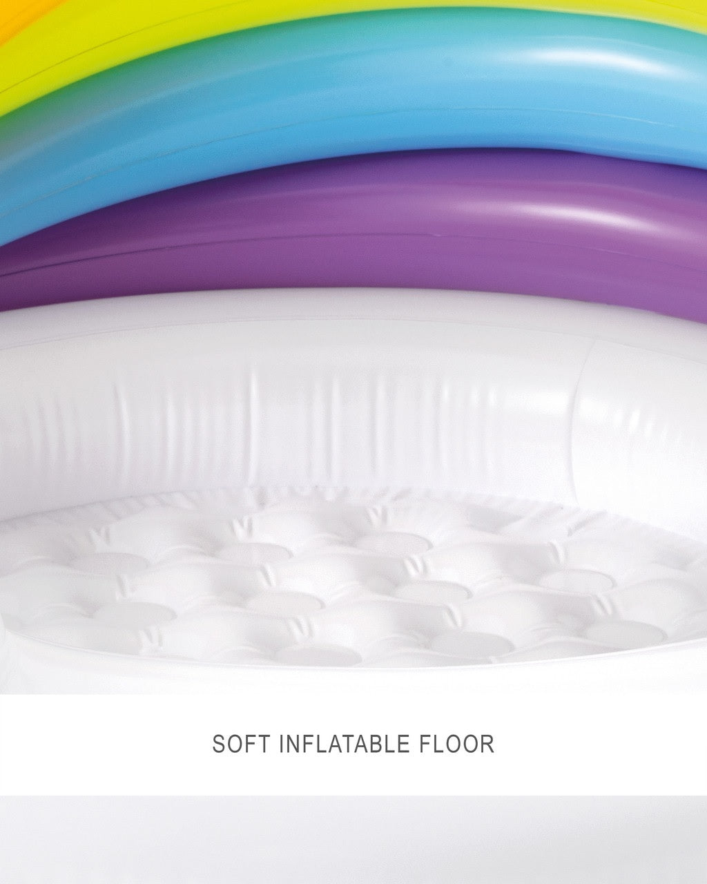 Inflatable pool for kids. The bottom is white and has a unicorn head. There's a slight cover on the pool that is pink, orange, lime green, blue and purple.