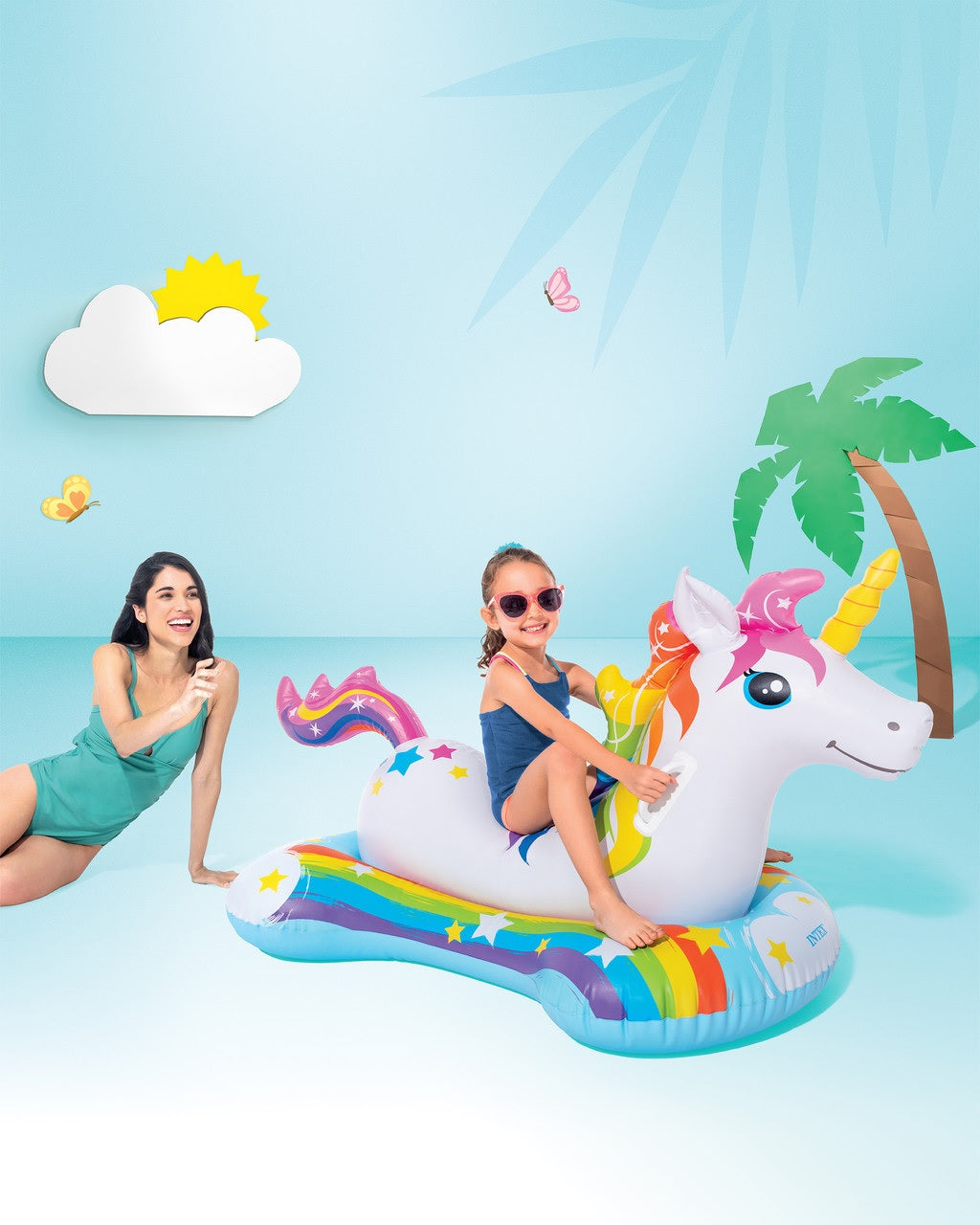 An inflatable pool float designed to look like a rainbow unicorn.