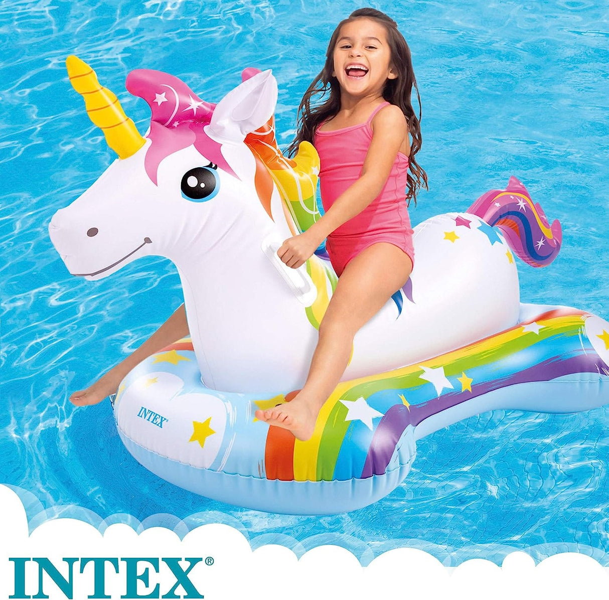 An inflatable pool float designed to look like a rainbow unicorn.