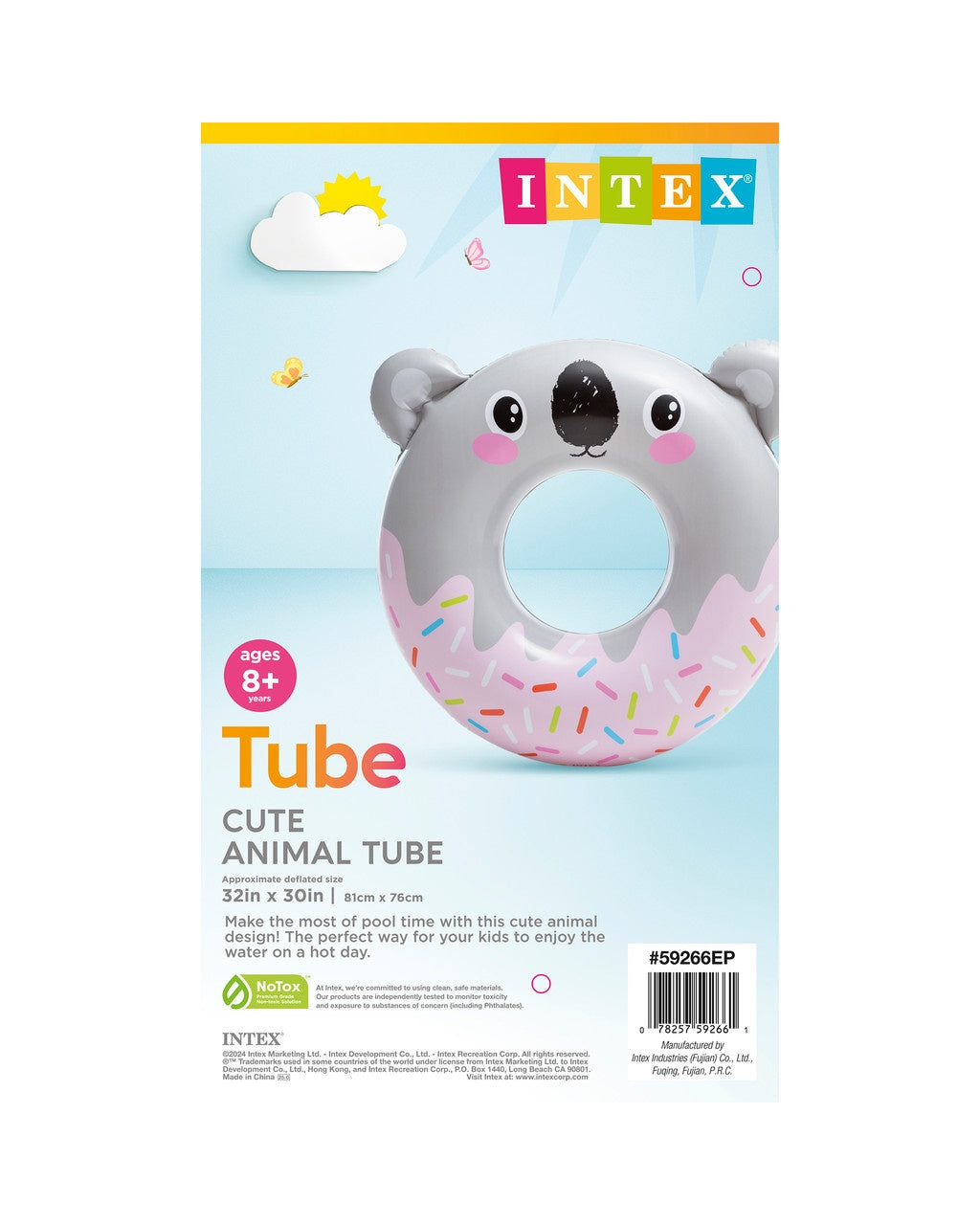This image shows the packaging that the koala inner tube comes in. It reads "Intex. Ages 8+. Cute Animal Tube."
