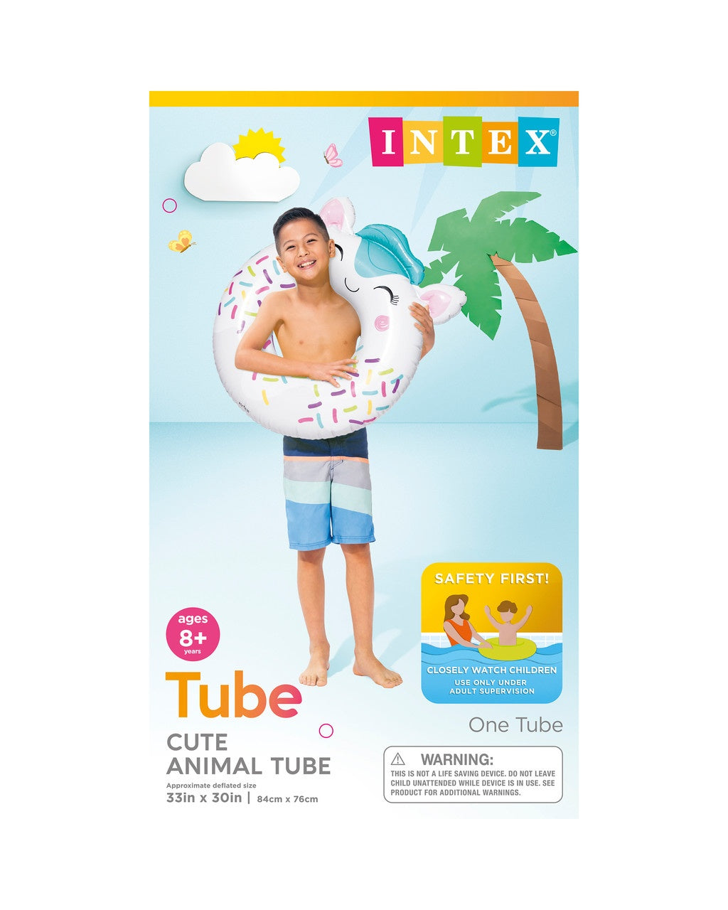 This image shows the packaging that the horse inner tube comes in. It reads "Intex. Ages 8+. Cute Animal Tube."