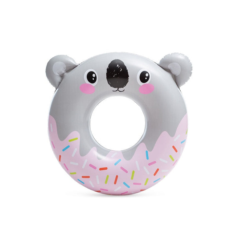 This image shows the koala inner tube option on a white background. The koala is gray with a pink "frosting" bottom featuring multi-colored sprinkles. It has a big black nose and rosy pink cheeks.