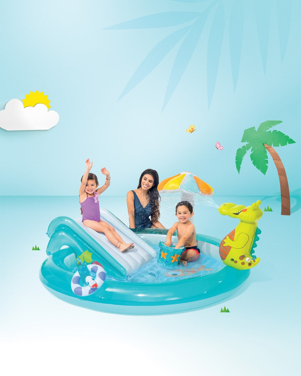 Inflatable kiddie pool features a slide, sprinklers, bucket and floatie. There's also a gator that sprays water.