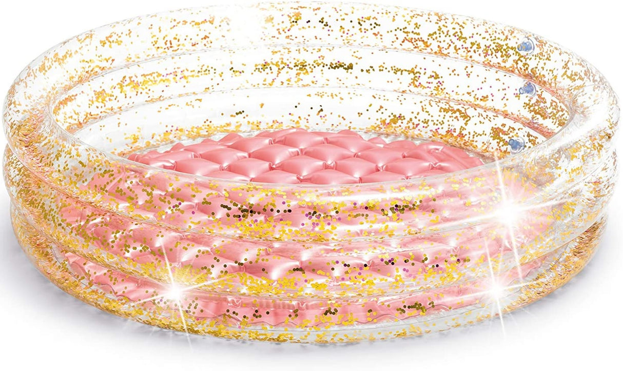 Pink and glittery mini inflatable kid's pool.