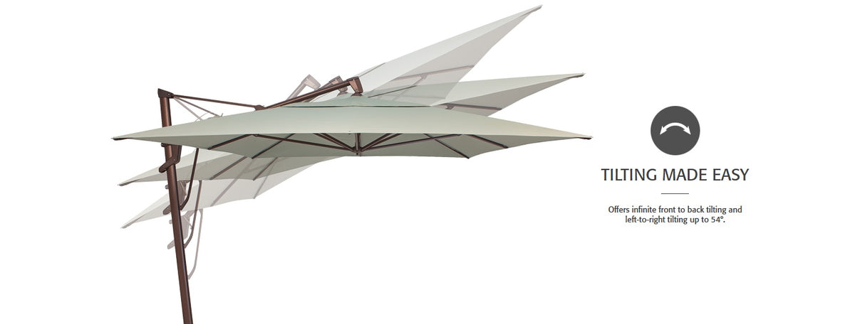 This image shows all the different ways this umbrella can tilt. Tilting made easy! Offers infinite front to back tilting and left-to-right tilting up to 54 inches.