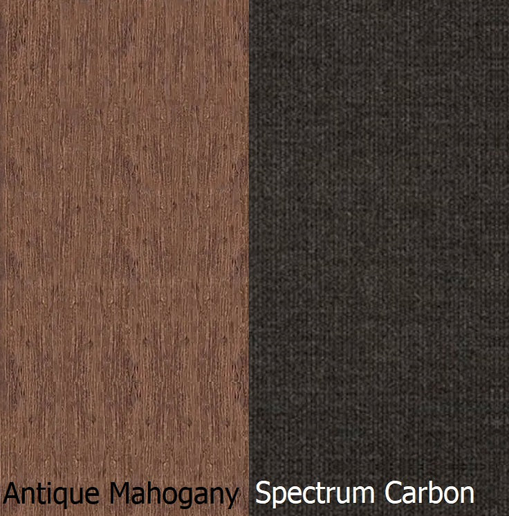 This is a swatch image showing the Antique Mahogany frame and the Spectrum Carbon cushion color.
