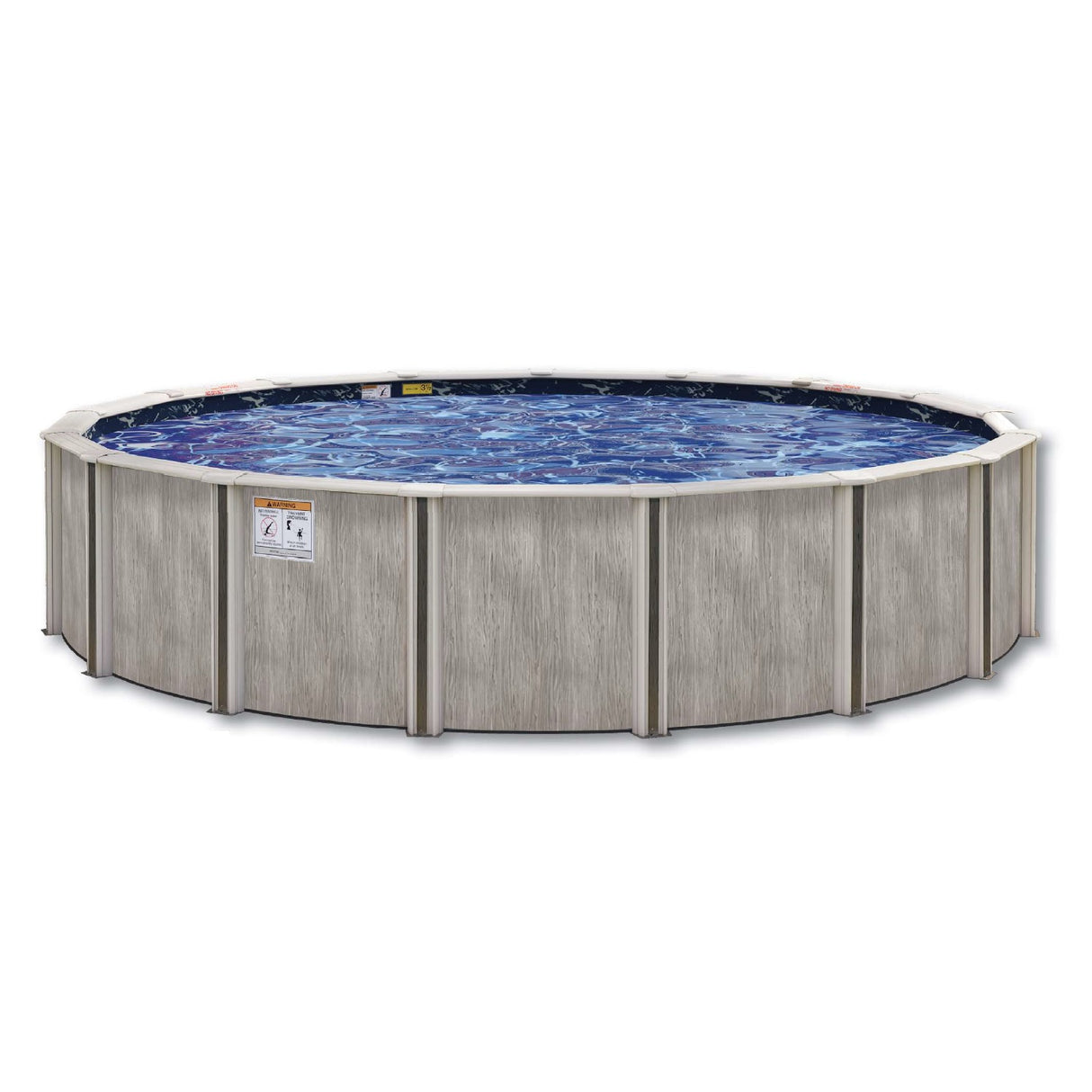 A semi-inground pool with a white background.