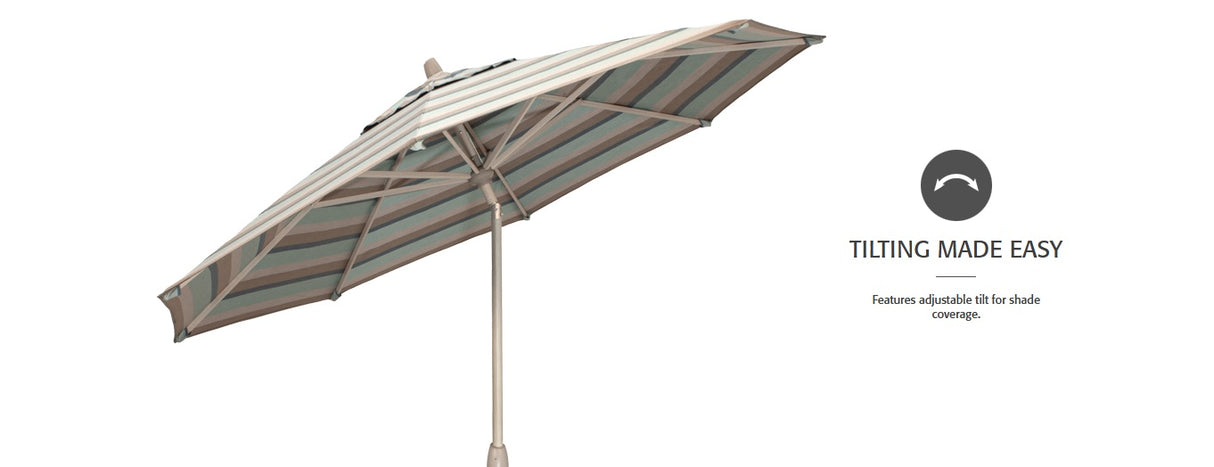 Tilting made easy! This umbrella features adjustable tilt for shade coverage. This image shows the umbrella tilted.