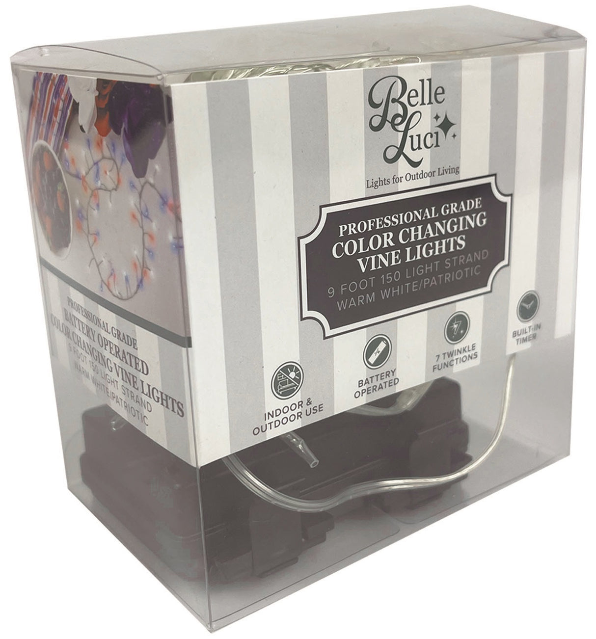 Battery operated lights that go from warm white to red, white and blue.