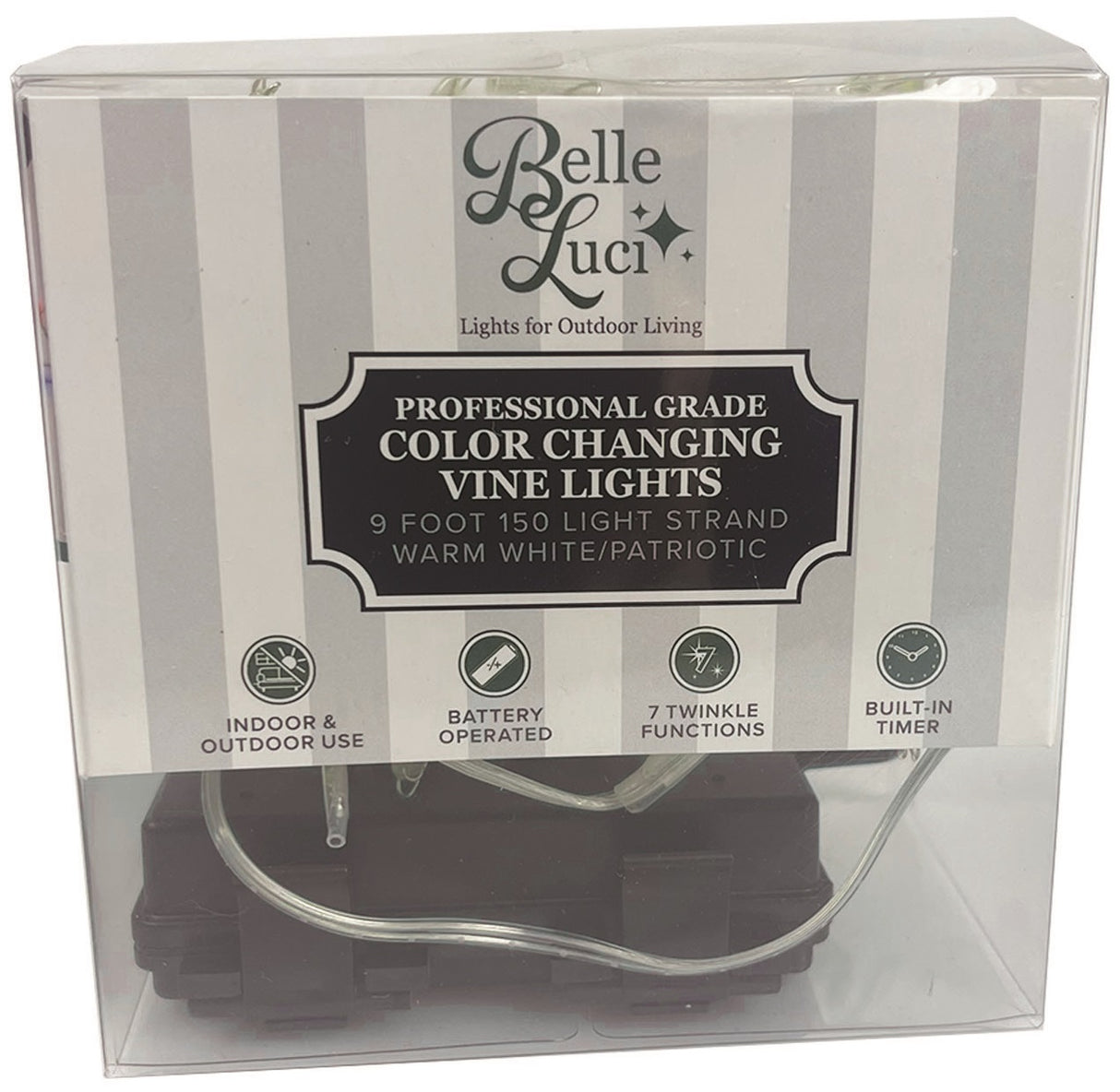 Battery operated lights that go from warm white to red, white and blue.