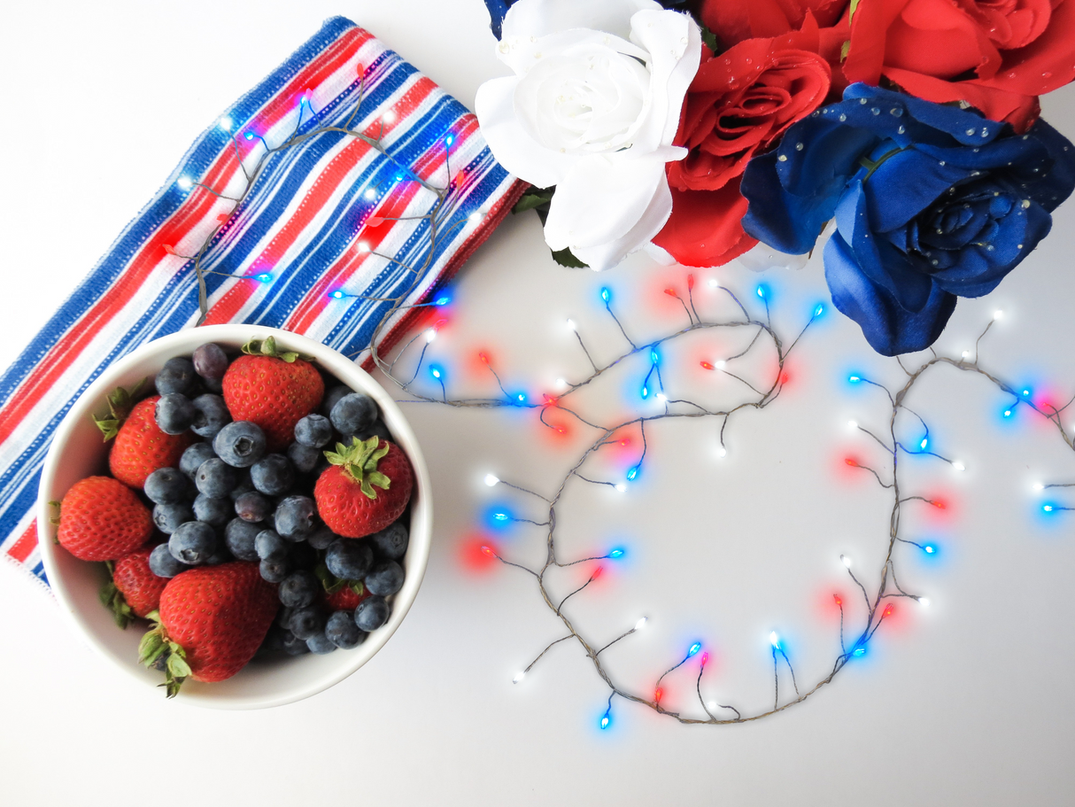 Battery operated lights that go from warm white to red, white and blue.