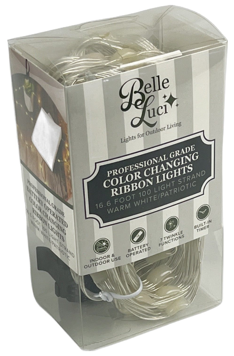 Battery operated lights that go from warm white to red, white and blue.