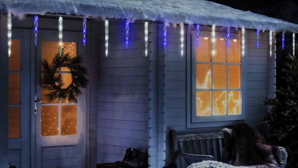 Set of 20 twinkling LED icicle lights. One set is pure white and blue. One set is warm white.