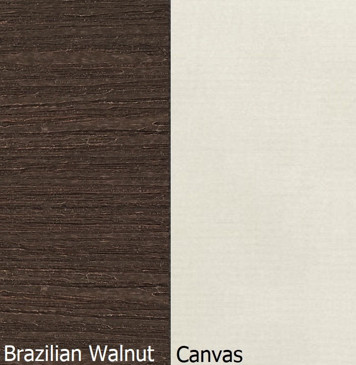 This is a swatch image showing the Brazilian Walnut frame and the Canvas cushion color.