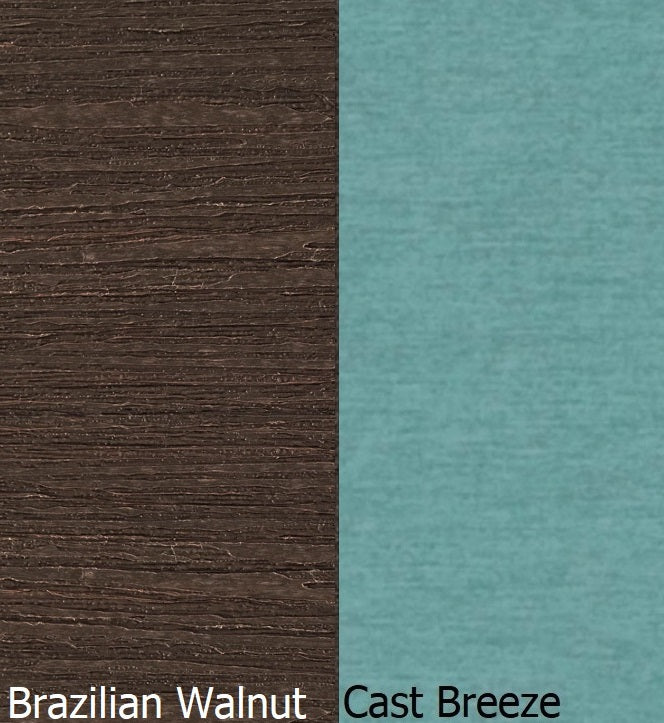 This is a swatch image showing the Brazilian Walnut frame and the Cast Breeze cushion color.