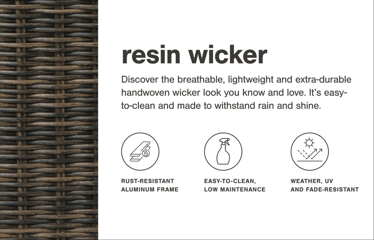 This image shows what the wicker frames of this patio set look like. The image also reads "Resin Wicker. Discover the breathable, lightweight and extra-durable handwoven wicker look you know and love. It's easy-to-clean and made to withstand rain and shine. Rust-resistant aluminum frame. Easy-to-clean, low maintenance. Weather, UV and fade-resistant."