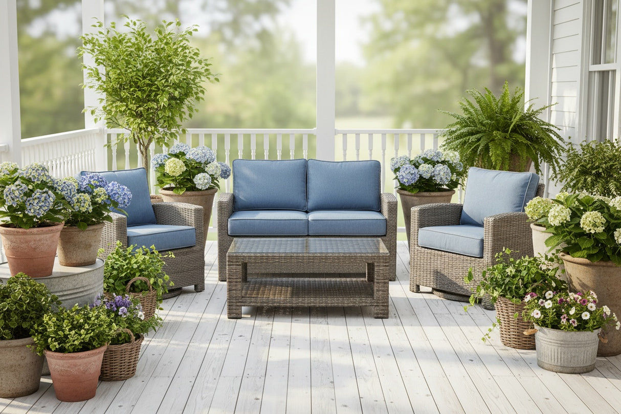 This is a lifestyle image showing this cushioned patio furniture set on a white, wooden porch surrounded by potted plants.