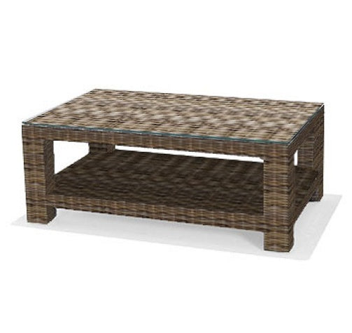 This image shows the rectangular coffee table on a white background. The frame of the table is a brown wicker. The tabletop is made of glass.